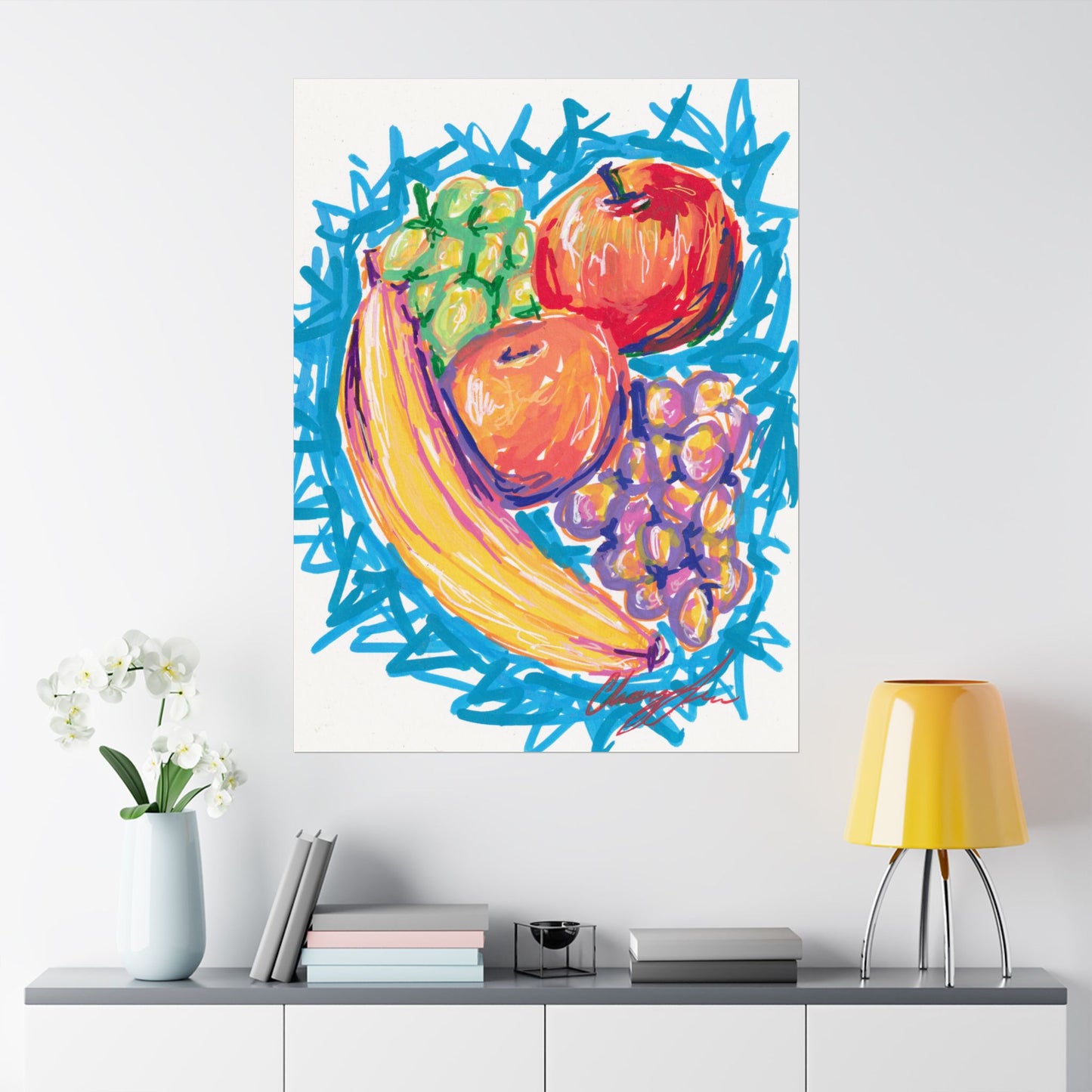 Fruit Still Life Matte Poster — Colorful Banana, Apples & Grapes Wall Art